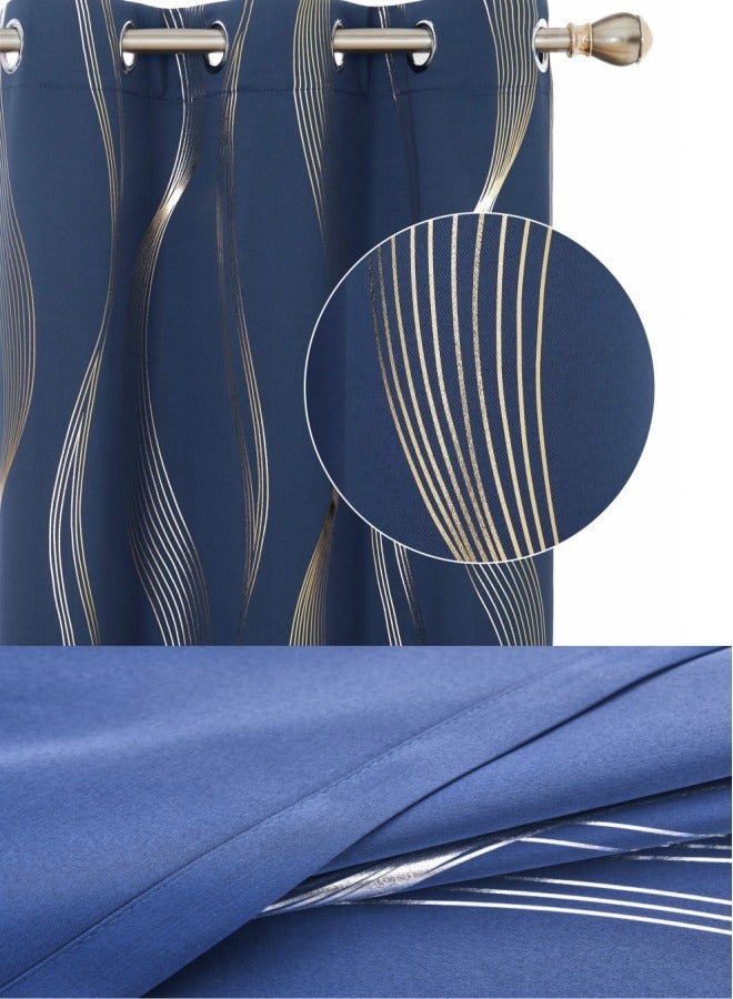 KYD Fabric Nation Curtain Light Blocking Curtains,  Silver Foil Print Thermal Insulated Room Privacy Insulated Liner Grommet Privacy Curtain Tiers 100*250cm Navy Blue - Image 4