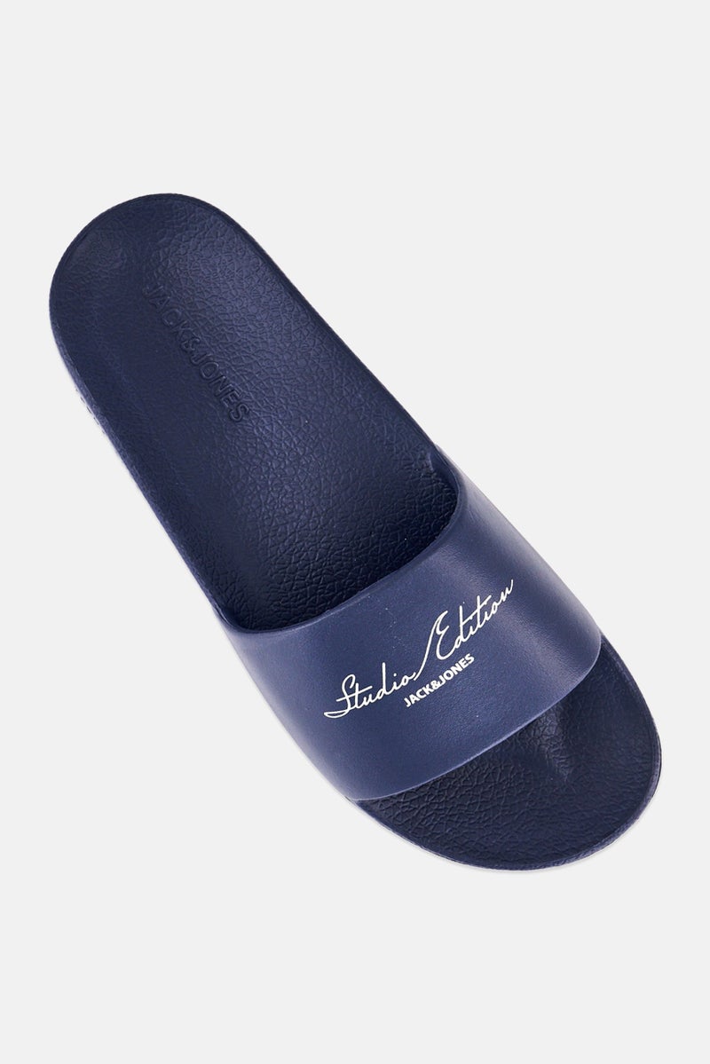 JACK & JONES Men Brand Logo Slip On Slides, Navy - Image 4