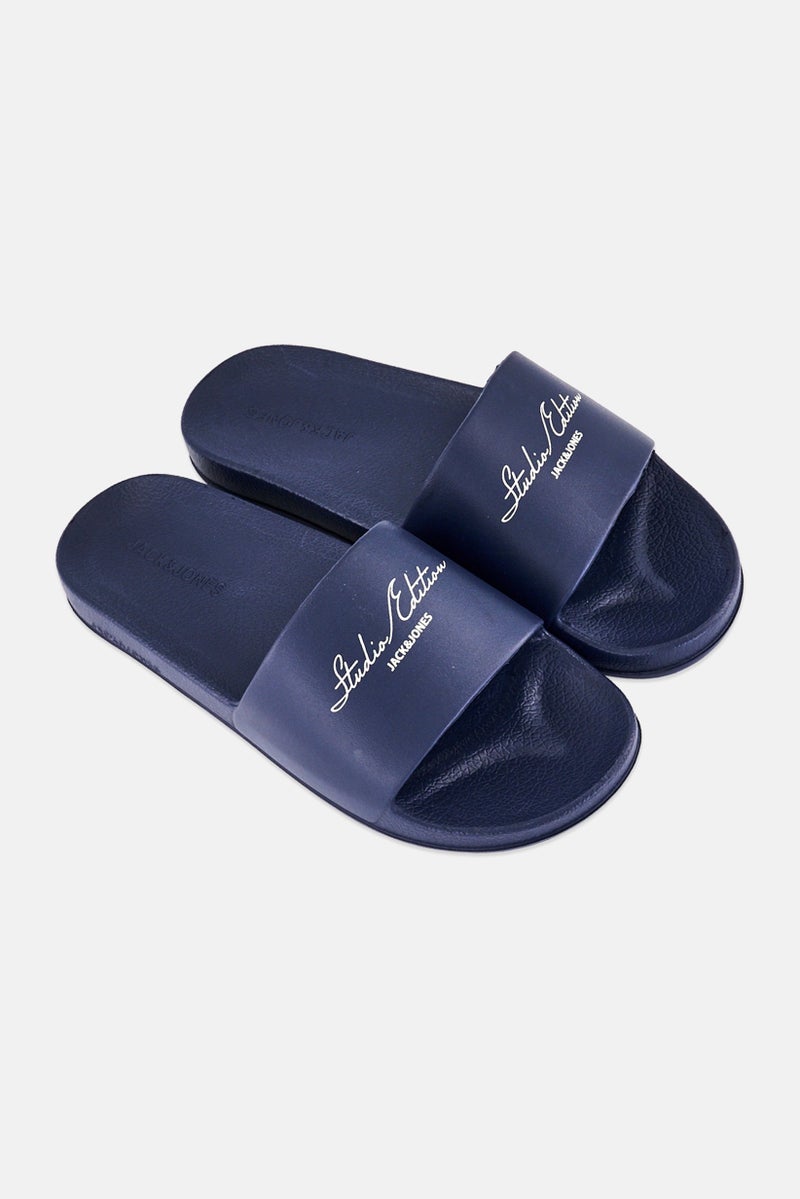 JACK & JONES Men Brand Logo Slip On Slides, Navy - Image 2