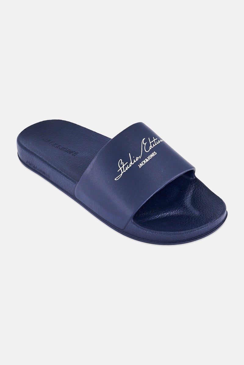JACK & JONES Men Brand Logo Slip On Slides, Navy - Image 1
