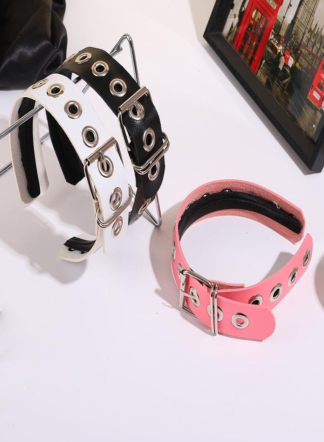 BaBakiak Gothic Punk Style Metal Buckle Headband for Women, Belt design Leather headband, 2-Piece Set Hair Accessories (White, Medium) - Image 4
