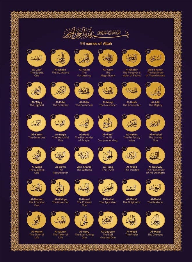 5 Ace 99 Names of Allah Golden Islamic Religious Poster | Quran Verses Wall Sticker Paper (Size: 12x18 inch), Multicolor - Image 1