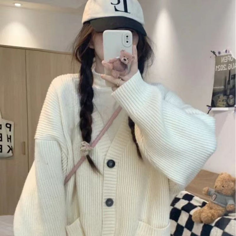 Academic Style Sweater Cardigan Female Student Korean Style Loose V-Neck All-Match Solid Color Knitted Jacket Cardigan - Image 1