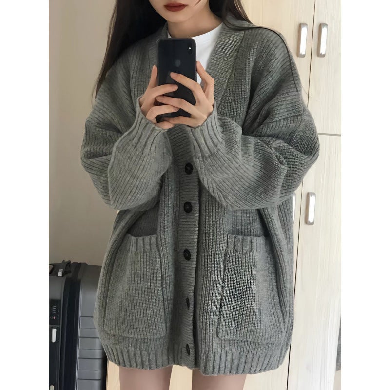 Academic Style Sweater Cardigan Female Student Korean Style Loose V-Neck All-Match Solid Color Knitted Jacket Cardigan - Image 3