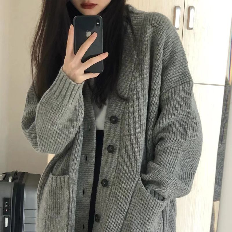 Academic Style Sweater Cardigan Female Student Korean Style Loose V-Neck All-Match Solid Color Knitted Jacket Cardigan - Image 5