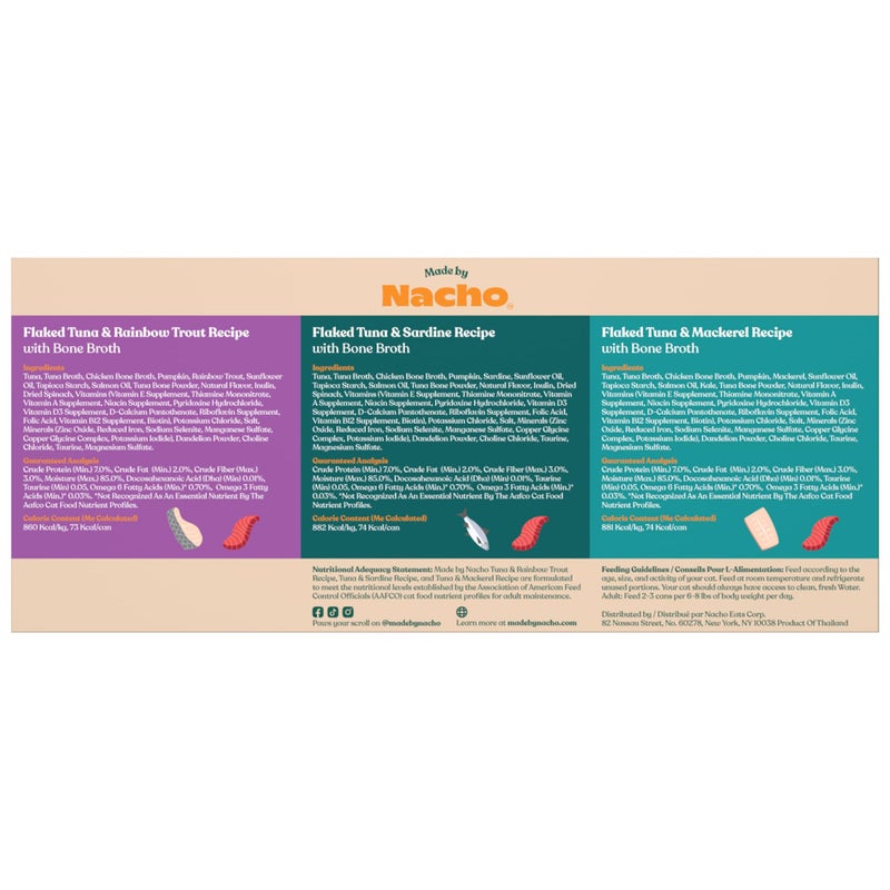 Made by Nacho Flaked Filets Recipe in Bone Broth, Grain-Free Chef's Selects Wet Food for Cats Balanced Diet in Naturally Hydrating Pumpkin-Infused Broth (3.0 oz (Pack of 12), Flaked Fish Variety Pack) - Image 2