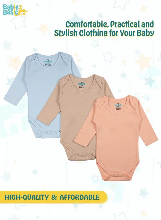 Babies Basic 100% Super Soft Cotton, Long Sleeves Romper/Bodysuit, For New Born To 24Months, Set Of 3 - Blue, Brown, Orange