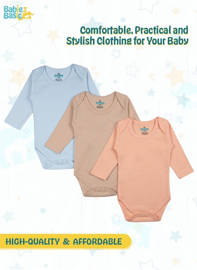 Babies Basic - 100% Super Soft Cotton, Long Sleeves Romper/Bodysuit, For New Born To 24Months, Set Of 3 - Blue, Brown, Orange - Image 1