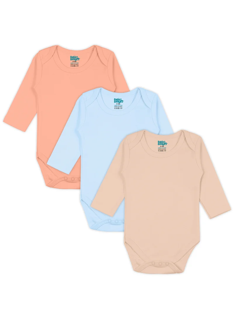 Babies Basic 100% Super Soft Cotton, Long Sleeves Romper/Bodysuit, For New Born To 24Months, Set Of 3 - Blue, Brown, Orange