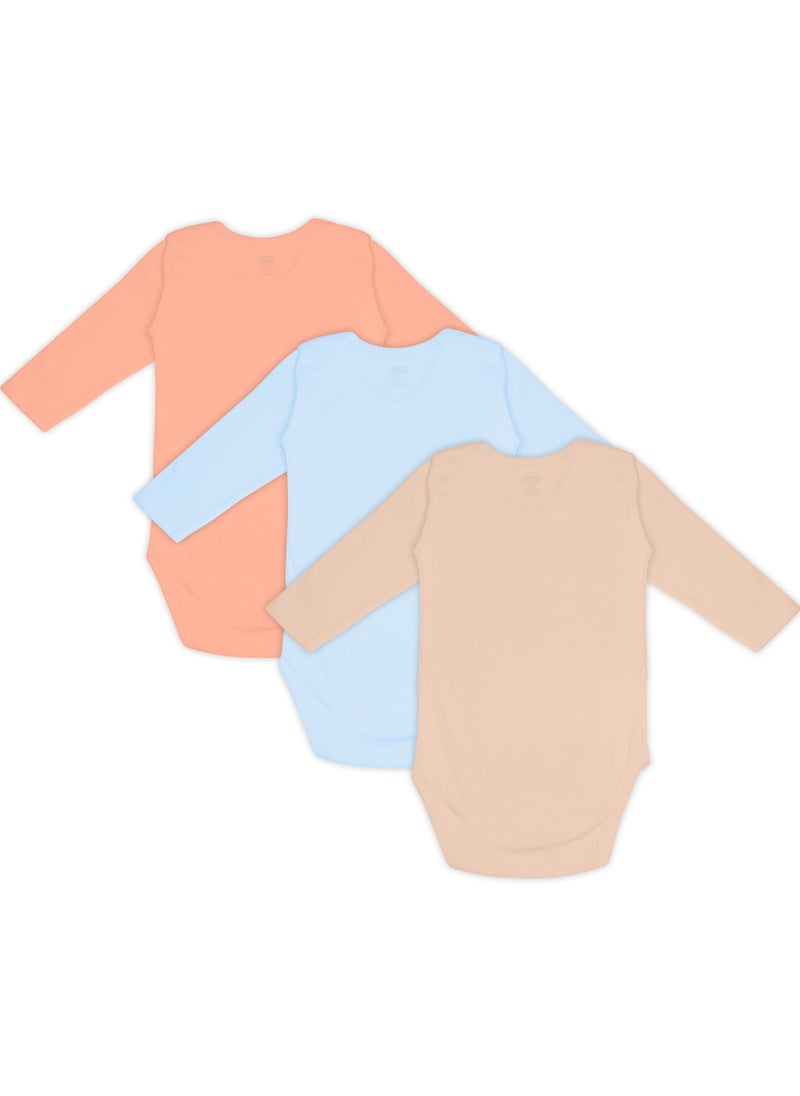 Babies Basic - 100% Super Soft Cotton, Long Sleeves Romper/Bodysuit, For New Born To 24Months, Set Of 3 - Blue, Brown, Orange - Image 1