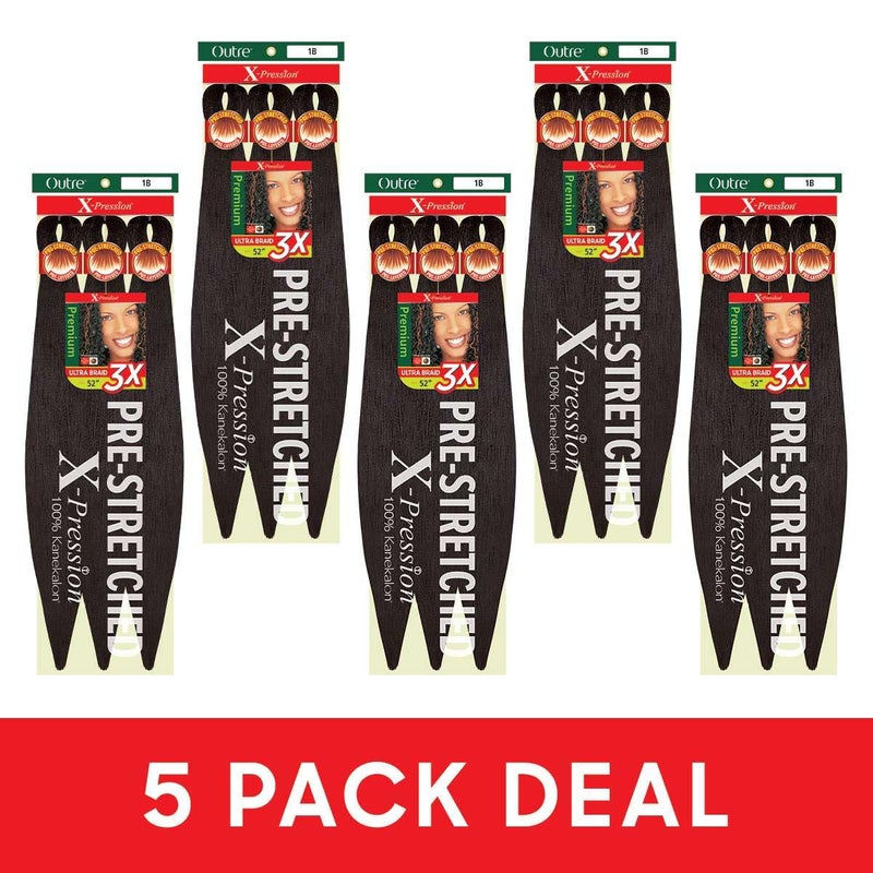 Outre X-Pression Braid - Pre Stretched Braid 52" 3X (5 Pack, OFF BLACK 1B) - Image 2