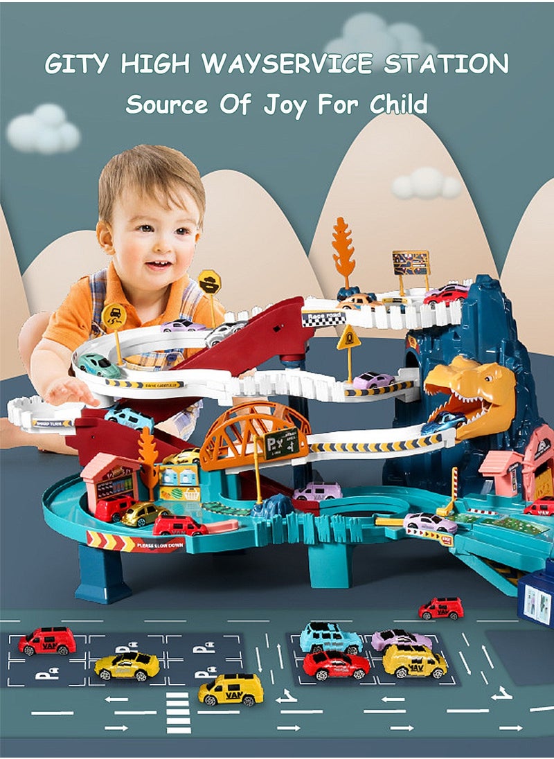 MaBaby - Toy Car Ramp Track Set with 4 Mini Cars with Map and Track, Dinosaur Rolling Hill Car Track for Kids, Preschool and Birthday Gift for Boys Girls 3+Years - Image 1