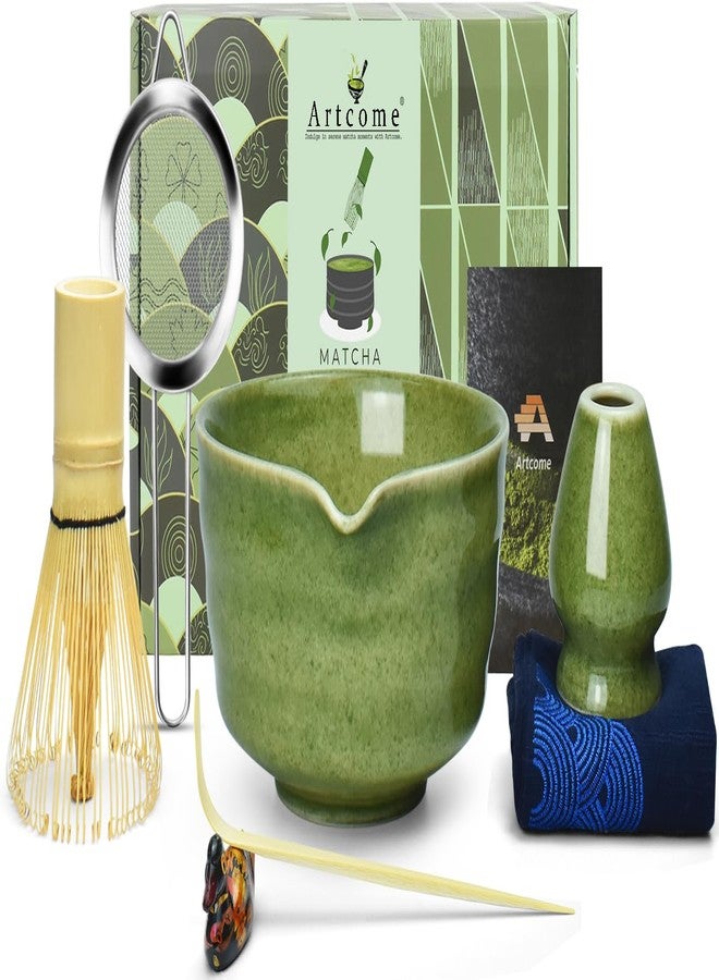 Artcome 7-Piece Matcha Tea Set - Complete Japanese Ceremony Kit with Bowl, Whisk, Scoop, Strainer & Guide, Mottled Green - Image 1