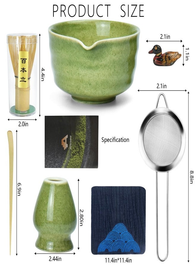 Artcome 7-Piece Matcha Tea Set - Complete Japanese Ceremony Kit with Bowl, Whisk, Scoop, Strainer & Guide, Mottled Green - Image 2