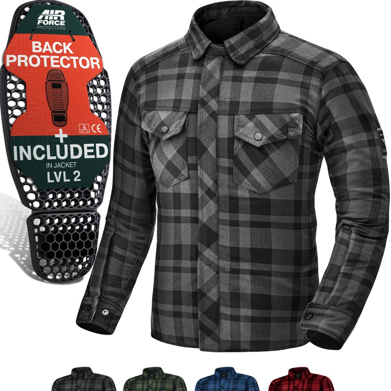 SHIMA RENEGADE MEN 2 Motorcycle Shirt for Men Armored Plaid Biker Flannel Jacket with FiberQL Aramid and Cooling layer CE Back Shoulder Elbow Protectors Zipper and Snap Closure Black L