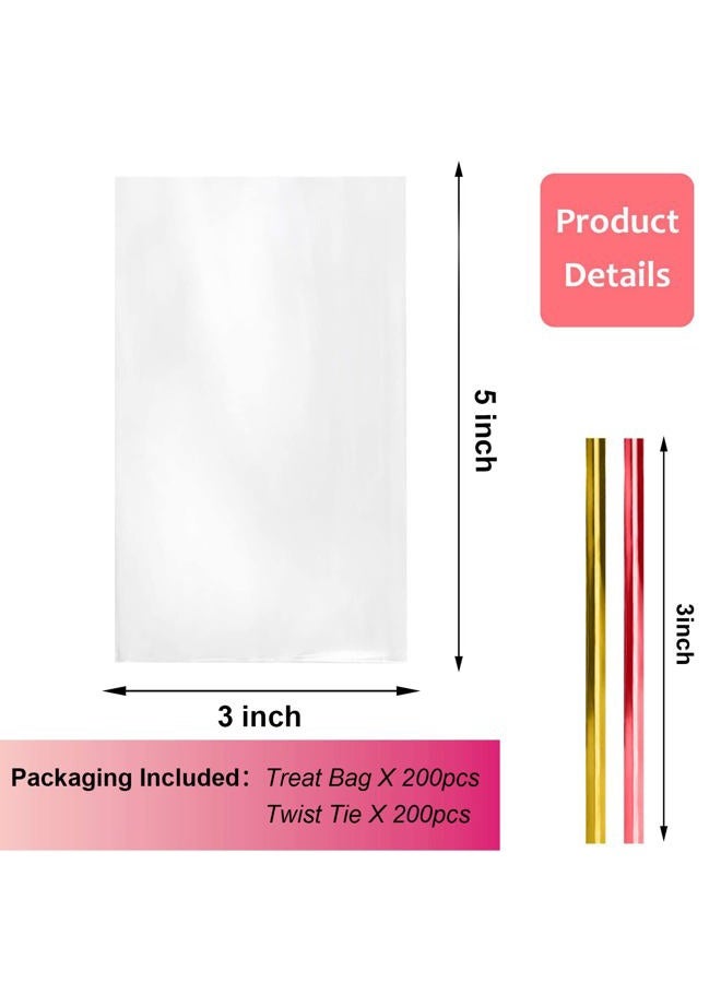Morepack Cello Cellophane Treat Bags,200 PCS 3x5 Inches Clear Cake Pop Lollipop Bags with Twist Ties - Image 2
