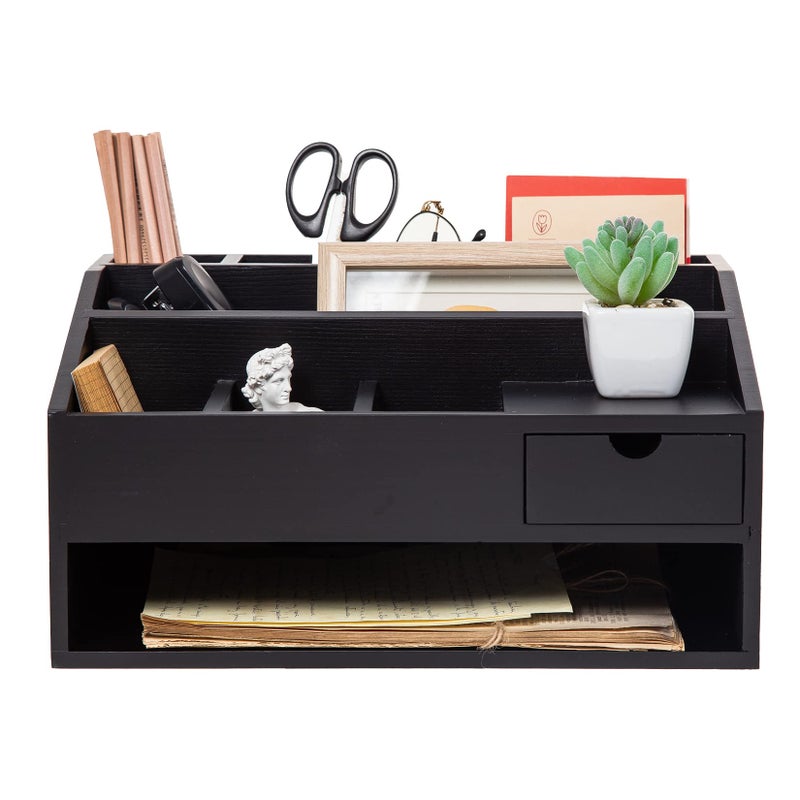 Wood Desk Drawer Organizers with File Organizer Pen holder Office Decor combo for Desk Organization Home can arrange office supplies such as calculators scissors pens note papers etc black