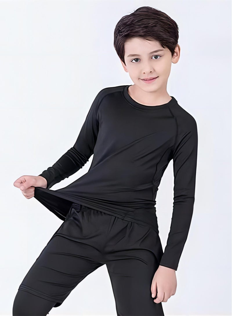 Kids Long Sleeve Base Layer Compression Underwear-Boys Sports Baselayer Tights Leggings Thermal Set Black 4-15 Years  - Image 3
