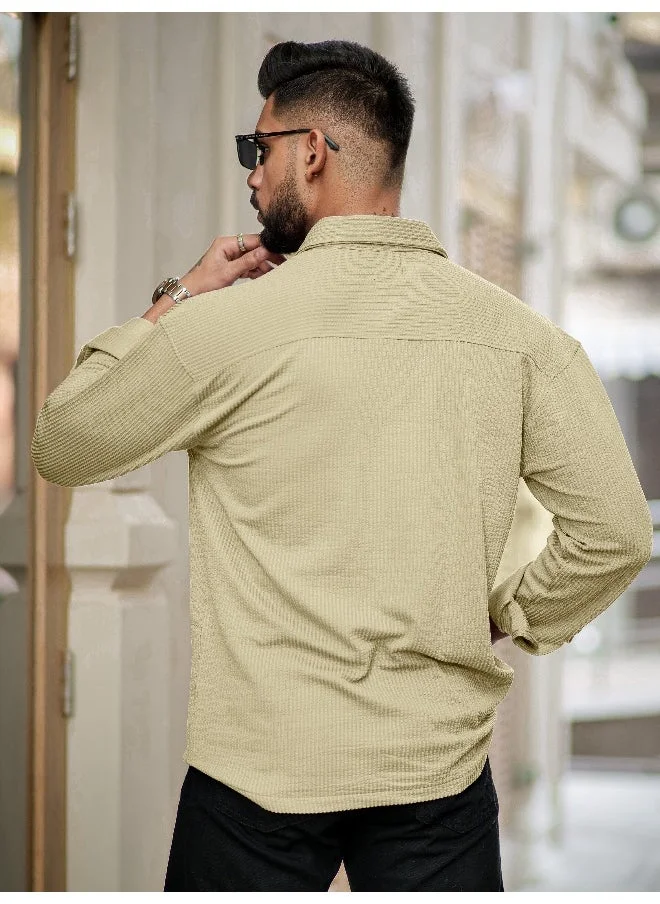 Maniac  Maniac Mens Solid 2 Pockets collared Neck Full Sleeve Beige Oversized Cotton Shirt for Men | Best Price UAE