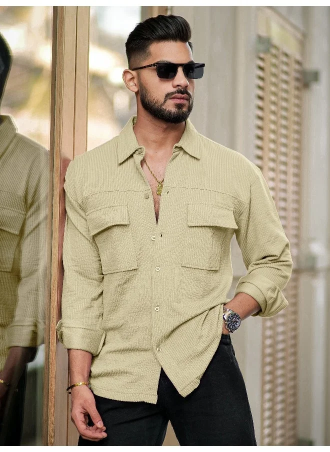 مانياك قميص رجالي قطن بيج بأزرار وجيوب مزدوجة
