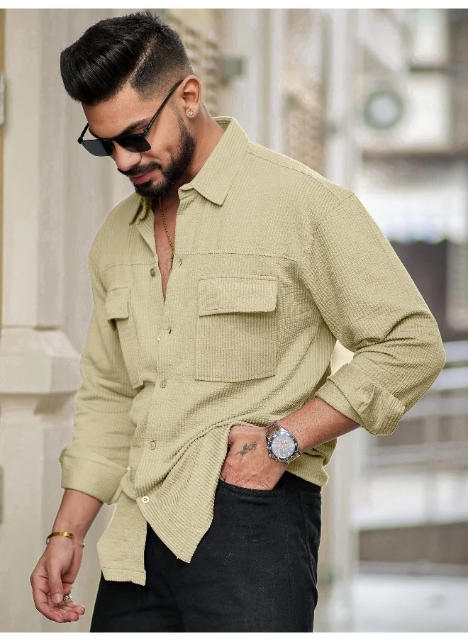 مانياك قميص رجالي قطن بيج بأزرار وجيوب مزدوجة