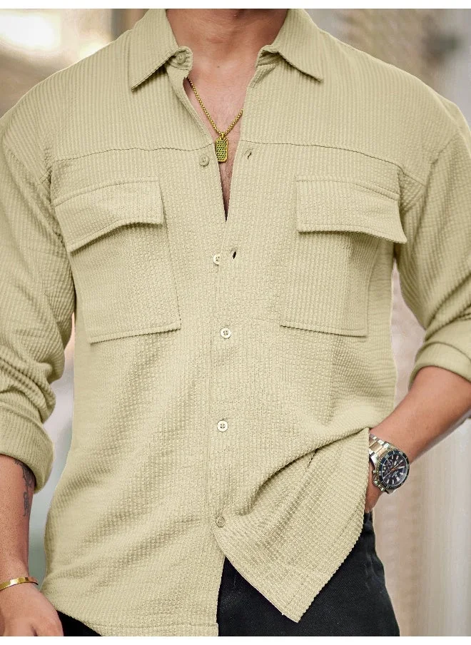 Maniac  Maniac Mens Solid 2 Pockets collared Neck Full Sleeve Beige Oversized Cotton Shirt for Men | Best Price UAE