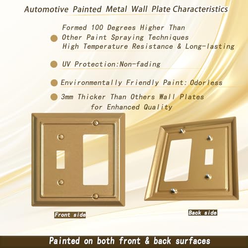 Funkiim Metal Decorative Wall Plate, Electrical Outlet Covers,Light Switch Covers,Thick and Durable Mid Size 4.92'' x 4.92'' Switch Plate in Various Styles (Vintage Gold, 2 Gang Toggle/Decorator 2 PK) - Image 3