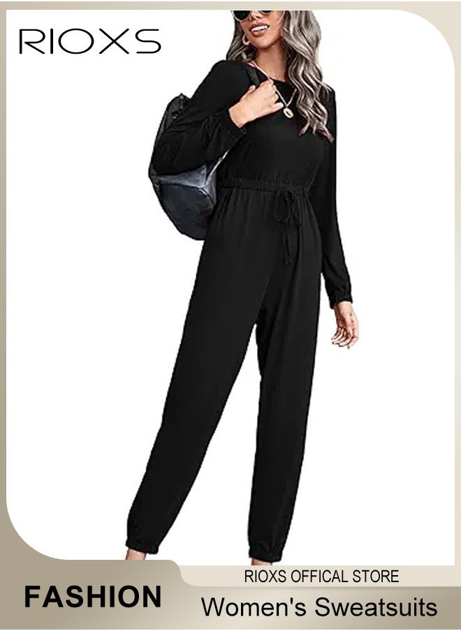 RIOXS Women's 2 Piece Outfit Sweatsuits, Long Sleeve Crewneck Pullover Tops And Long Pants, Womens Tracksuit With Pockets, Ladies Solid Color Casual Set, Comfy Jogger Set For Outing And Daily Wear  - Image 1