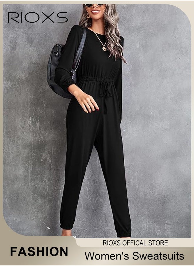 RIOXS Women's 2 Piece Outfit Sweatsuits, Long Sleeve Crewneck Pullover Tops And Long Pants, Womens Tracksuit With Pockets, Ladies Solid Color Casual Set, Comfy Jogger Set For Outing And Daily Wear  - Image 5