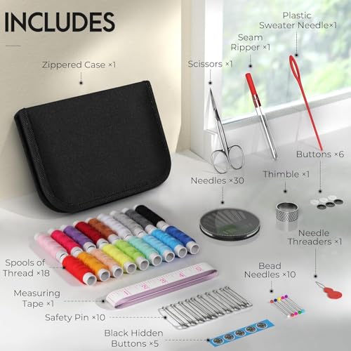 VERAT 85 Pcs Sewing kit Box Tailoring Accessories Sui Dhaga Kit/Thread Box Set for Sewing Machine/Needle Threader Tool/Needles/Threads, Scissors/Buttons/Scissors/Tape/Travel/Stitching Items Box for Home - Image 2