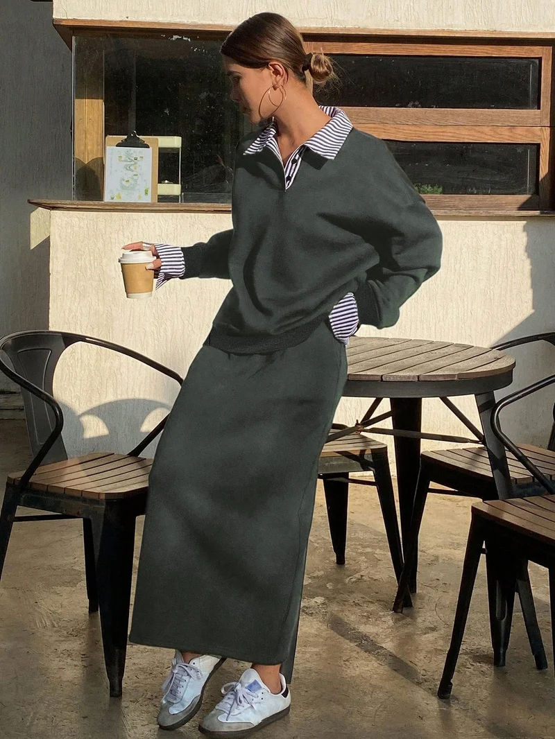 Outzidr  Teal Full Sleeve Pullover And Skirt Set for Women | Best Price UAE