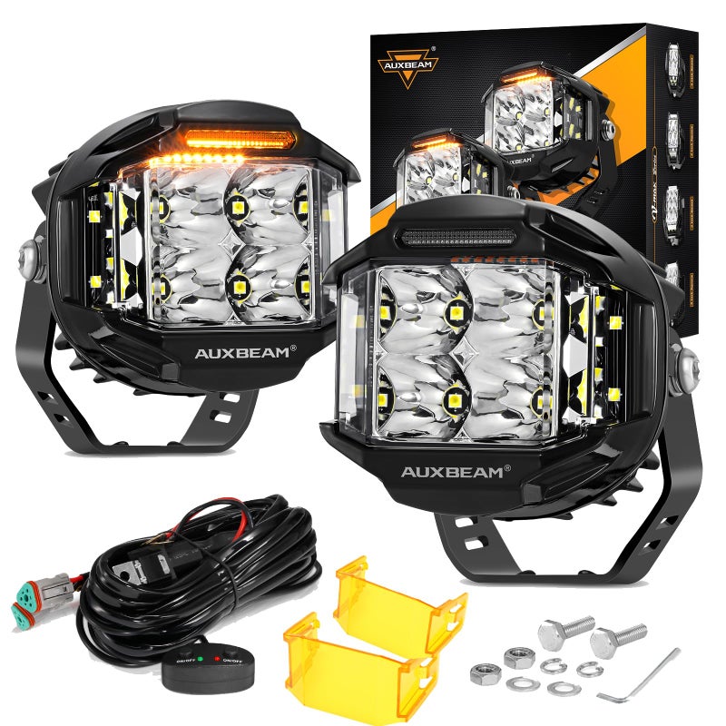 أضواء LED بقطر 4 بوصات من سلسلة VMAX من أوكبيم مع مصابيح جانبية 92 واط للقيادة على الطرق الوعرة مع إضاءة نهارية برتقالية فائقة السطوع بزاوية 270 درجة ومجموعة كشافات ضوء الفيضانات مع مجموعة أسلاك