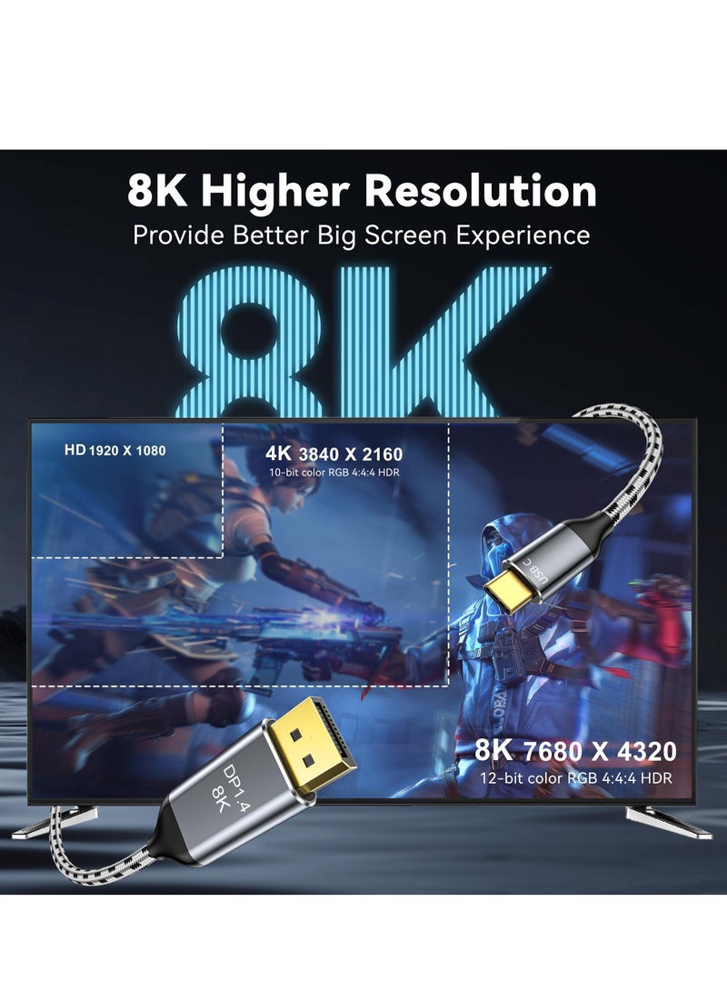 USB C to DisplayPort 1.4 Cable, (8K@60Hz, 4K@165Hz/144Hz/120Hz) Non-Bidirectional Type C to DP Cable 6.6FT/2M 32.4Gbps 1.4 HBR3 Alt Mode Video Adapter for MacBook Pro Mac Mini, XPS 15 - Image 2