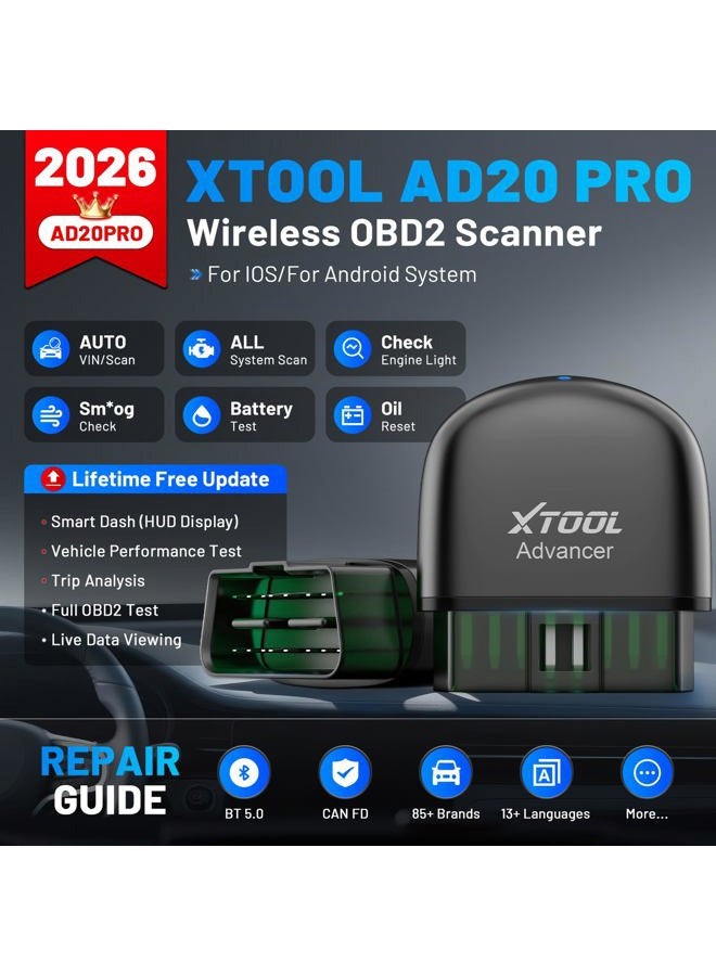 XTOOL Advancer AD20 Pro OBDII Scan Tool for iPhone & Android, 2023 Newest Enhanced Wireless OBD2 Code Reader with Full System Diagnostics, Maintenance Light Reset, Check Engine Light On - Image 2