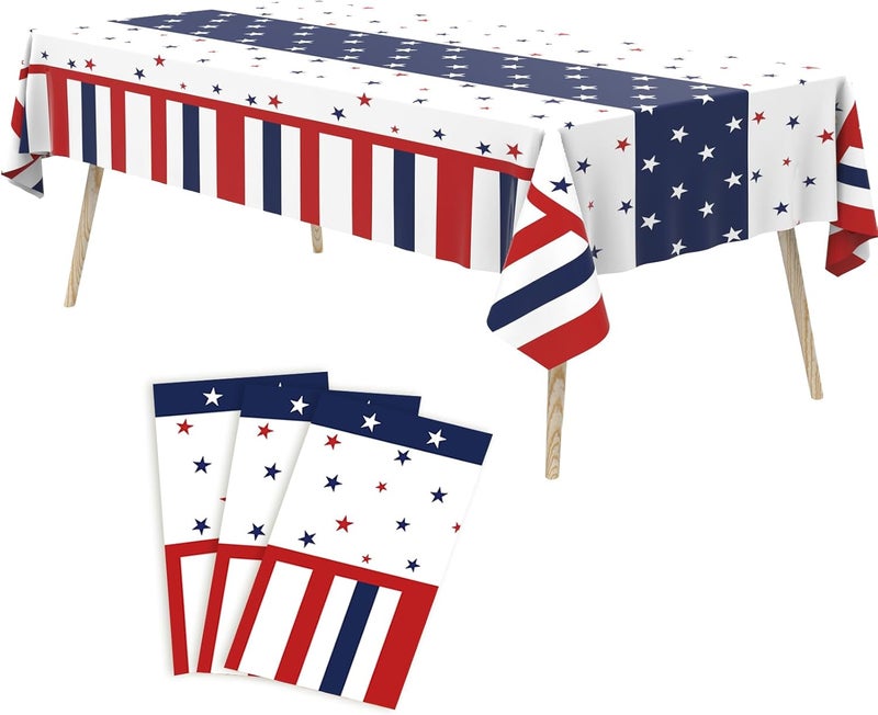 Tbsone 3 Pack 4th of July Patriotic Tablecloth, Disposable Red White and Blue Plastic Table Cloth, USA Party Decorations, Independence Day Supplies for Outdoor Picnic, Camping, Memorial, or Home - Image 1