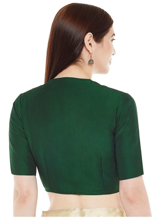 Studio Shringaar - Studio Shringaar Women's Polyester Readymade Soft Solid Colored Saree Blouse with Short Sleeves(Bottle Green, 38) - Image 1