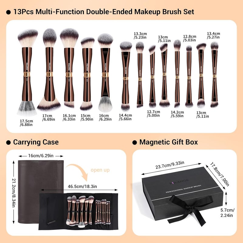 MAANGE Luxury 13 Piece Coffee Gold Makeup Brush Set - Double Ended Professional Brush with Cosmetic Bag & Premium Box | Premium Gift for Her - Image 4
