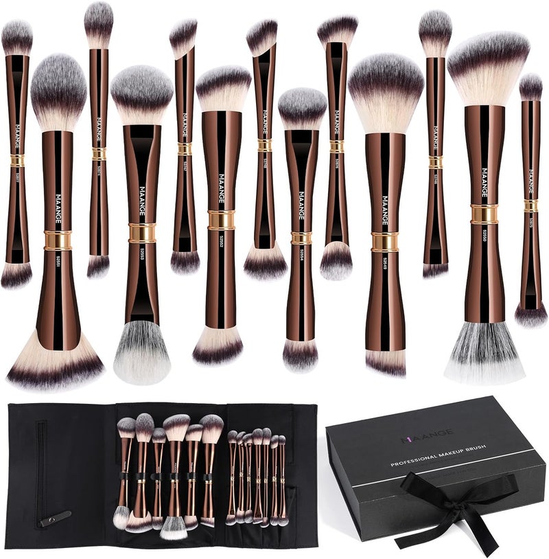 MAANGE Luxury 13 Piece Coffee Gold Makeup Brush Set - Double Ended Professional Brush with Cosmetic Bag & Premium Box | Premium Gift for Her - Image 1