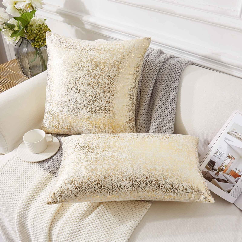 EUCIOR Champagne Throw Pillows 20x20,Gold and White Pillow Covers,Set of 2,Glitter Decorative Velvet Pillow Covers,Solid Color Cushion Covers for Sofa Bedroom Car - Image 2