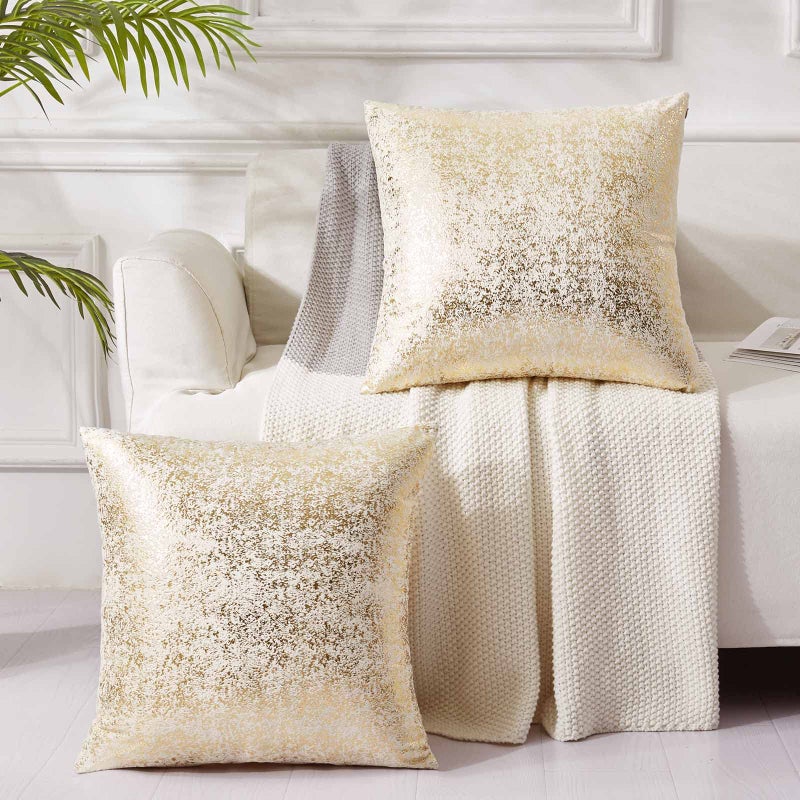 EUCIOR Champagne Throw Pillows 20x20,Gold and White Pillow Covers,Set of 2,Glitter Decorative Velvet Pillow Covers,Solid Color Cushion Covers for Sofa Bedroom Car - Image 1