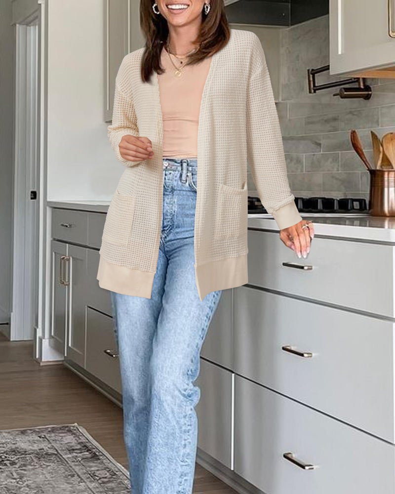 STYLEWORD Women's 2025 Fashion Fall Cardigan Sweaters Lightweight Open Front Waffle Knit Casual Long Business Trendy Cardigans Outfits Clothes with Pockets Teacher Winter(Apricot-M) - Image 4