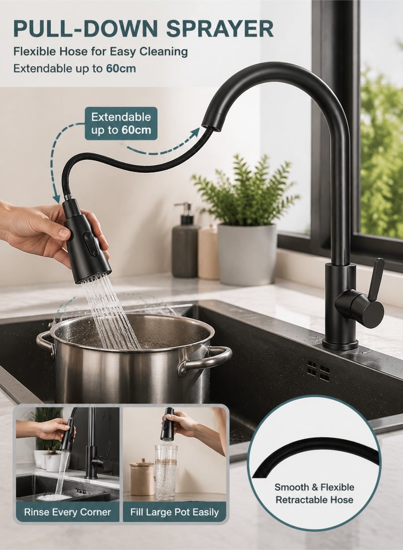 Monda Matte Black Pull Down Kitchen Faucet – SUS304 Stainless Steel 360° Swivel Sink Mixer with Dual Spray Mode for Modern Kitchen & RV - Image 2