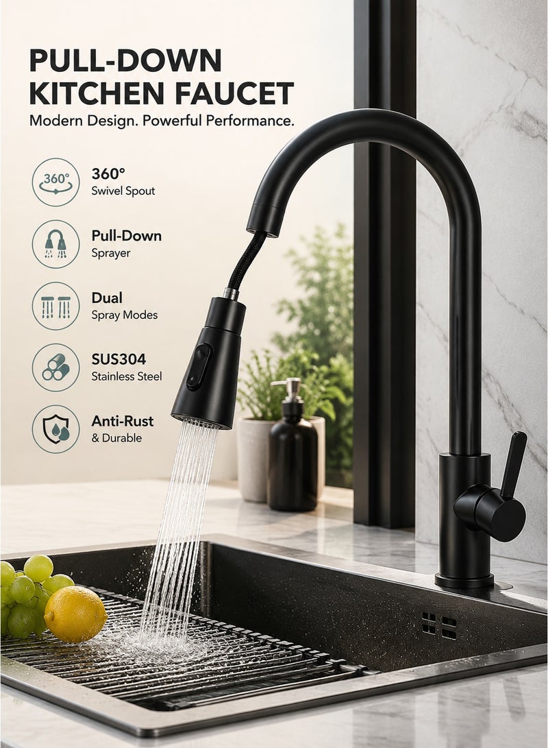 Monda Matte Black Pull Down Kitchen Faucet – SUS304 Stainless Steel 360° Swivel Sink Mixer with Dual Spray Mode for Modern Kitchen & RV - Image 1