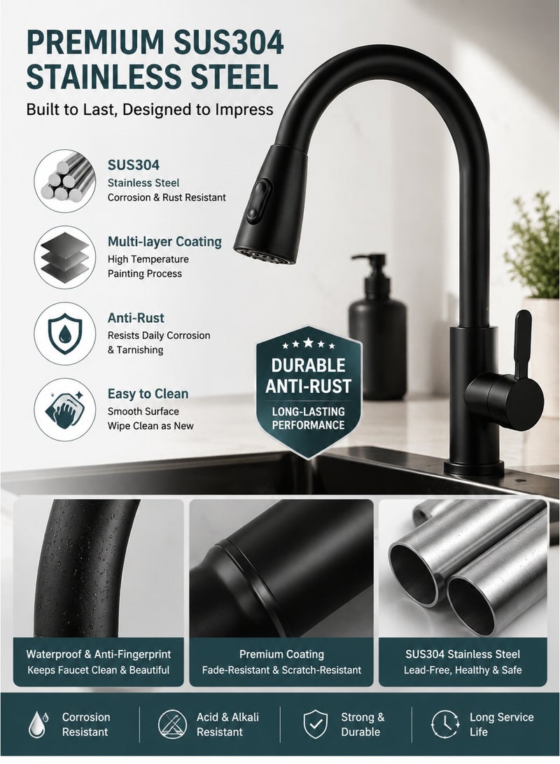 Monda Matte Black Pull Down Kitchen Faucet – SUS304 Stainless Steel 360° Swivel Sink Mixer with Dual Spray Mode for Modern Kitchen & RV - Image 5