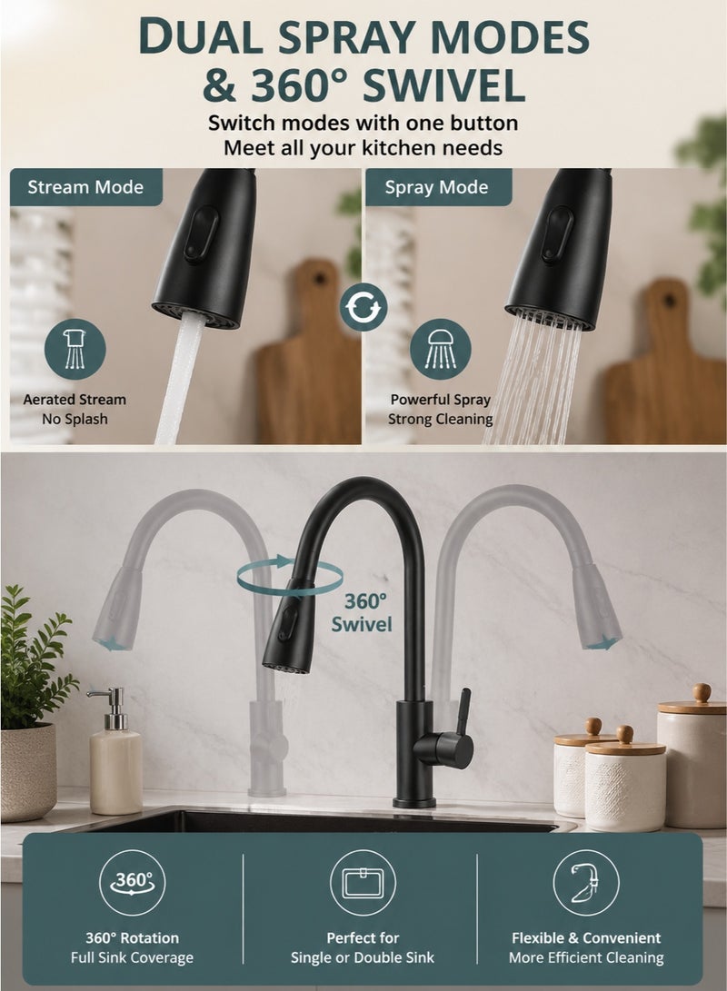 Monda Matte Black Pull Down Kitchen Faucet – SUS304 Stainless Steel 360° Swivel Sink Mixer with Dual Spray Mode for Modern Kitchen & RV - Image 3
