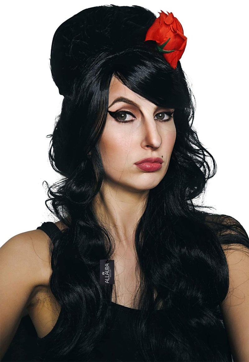 ALLAURA Compatible with Amy Winehouse Wig Black Beehive Wig with Red Flower for Women Girls Long Curly 90s Costume Hairpiece Retro Pop Star Look Halloween Vampire Music Icon Cosplay Accessory