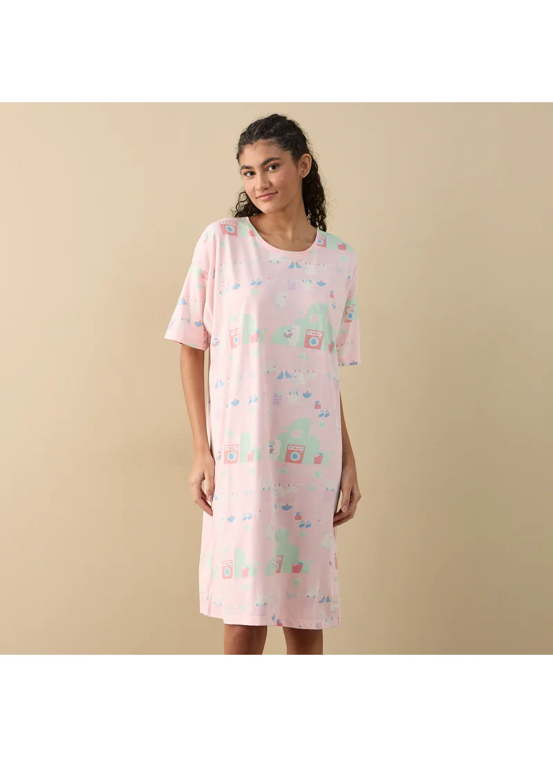 FAV Printed Sleepshirt with Round Neck and Short Sleeves