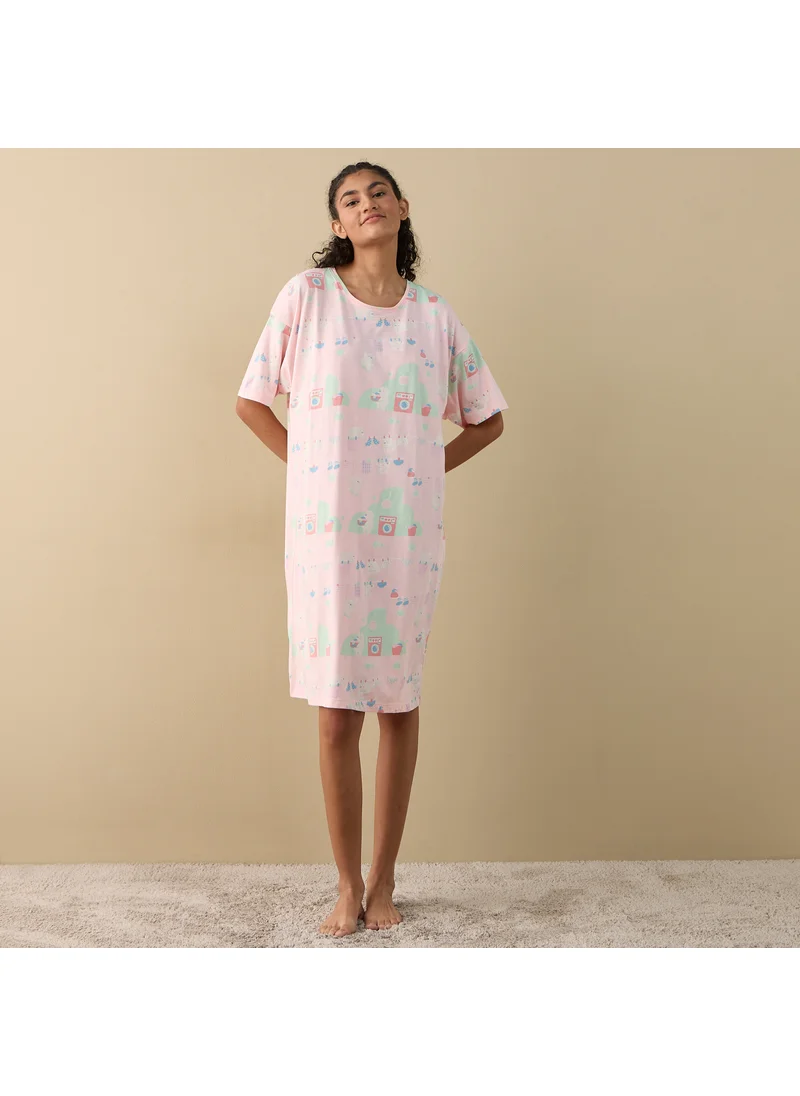 FAV Printed Sleepshirt with Round Neck and Short Sleeves
