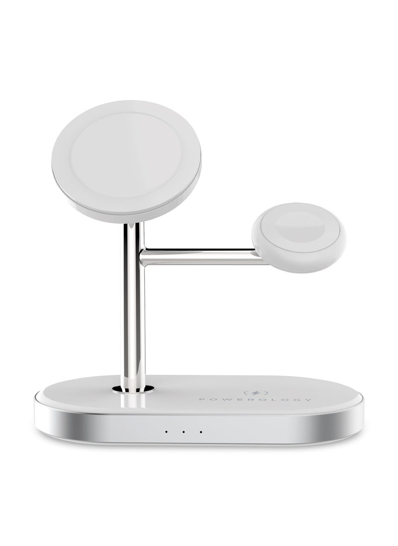 Powerology - 3 In 1 30W MagSafe Charging Dock With Built-in Apple MagSafe 15W, Aluminum Body, UK 3Pin Adapter Included With LED Light indicator - White - Image 1
