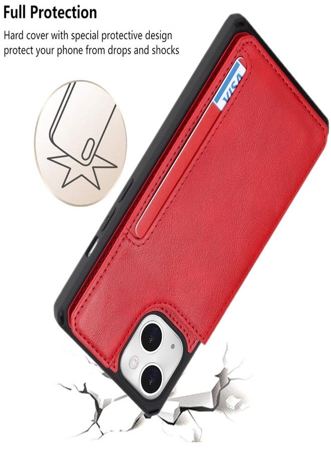 iCoverCase Compatible with iPhone 13 Wallet Case with Card Holder and Wrist Strap, PU Leather Card Slots Kickstand Double Magnetic Clasp Shockproof Case 6.1 Inch (Red) - Image 5
